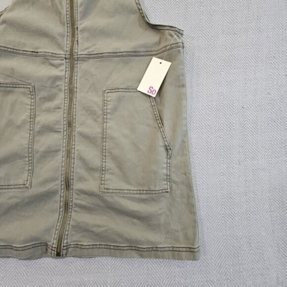SO Overall Pinafore Dress Size Large Zip Front Army Green Jumper Pockets NWT - Picture 2 of 12